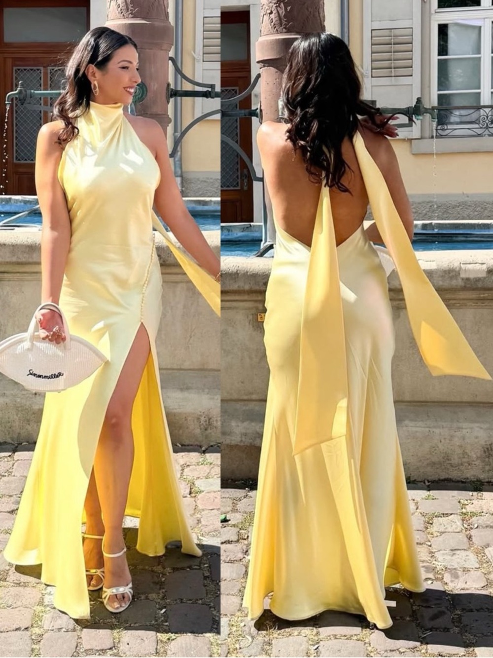 SAU Lee Pearl Plunging Cowl Neck Satin Gown Popcorn Yellow NEW with tags - Picture 8 of 8
